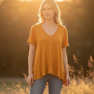 Left of Center Short Sleeve Tunic Ruffled Shirt Top 100% Cotton Size Small Gold